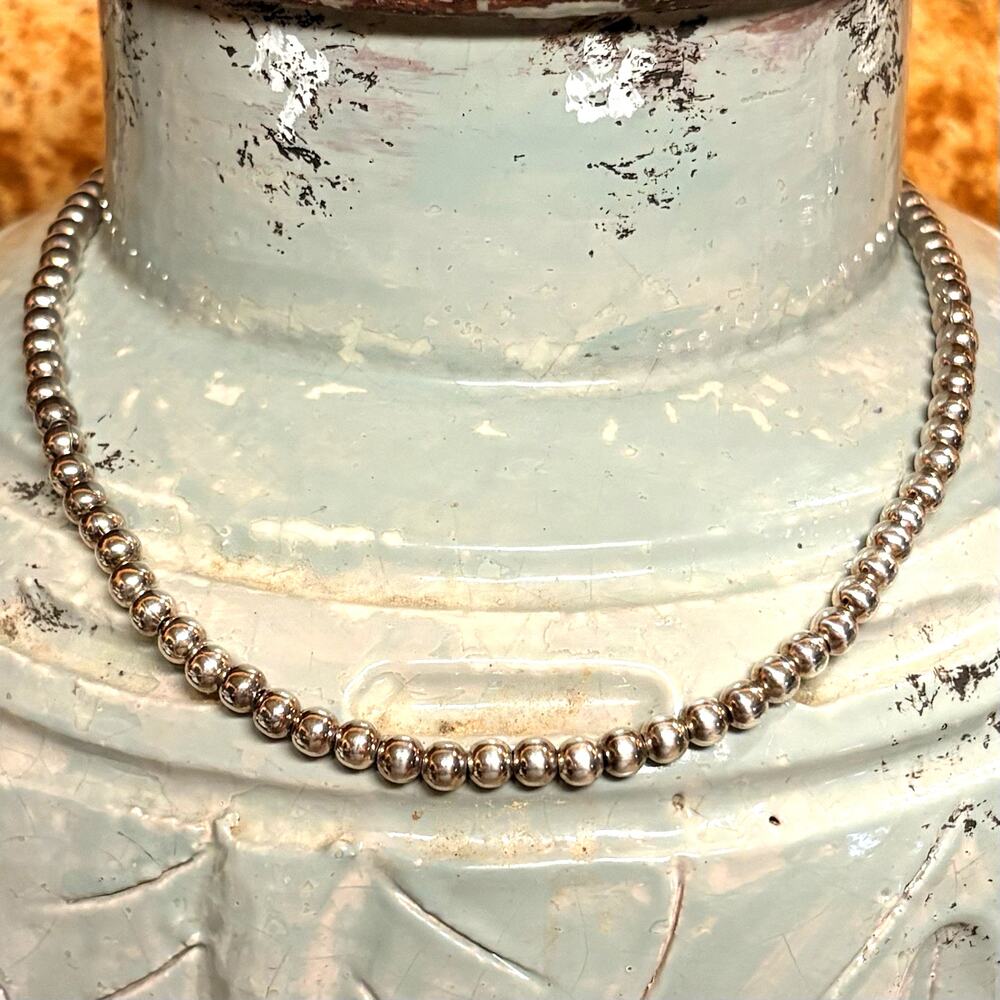 Sterling Silver Bead Necklace on Sterling Chain 3mm Beads 16.25 Inch 24.45 Grams